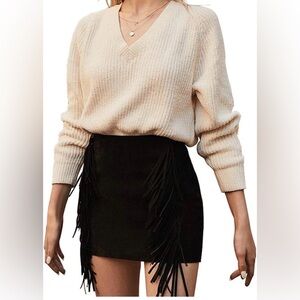 Woman's Faux Suede High Waisted Black Fringe Stretch Mini Skirt. Size Small